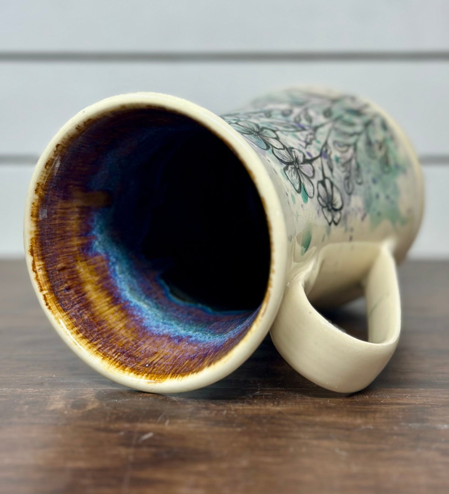 Floral Mug with Green & Purple Glaze