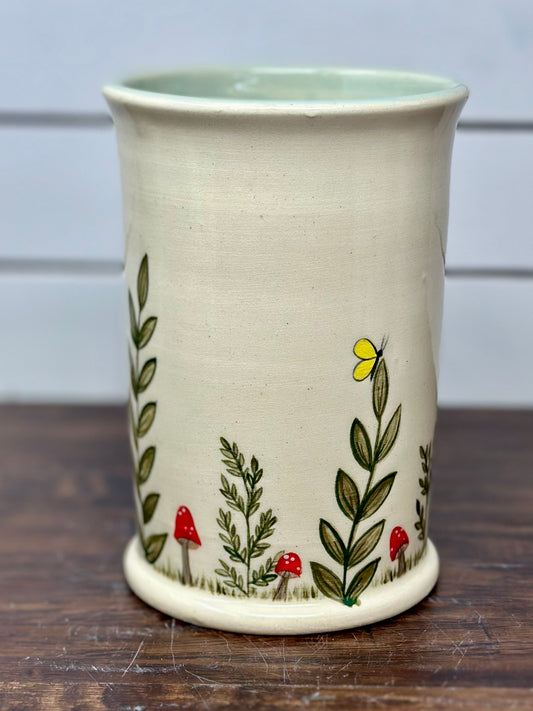 Handmade Botanical Mug with Butterflies and Mushrooms