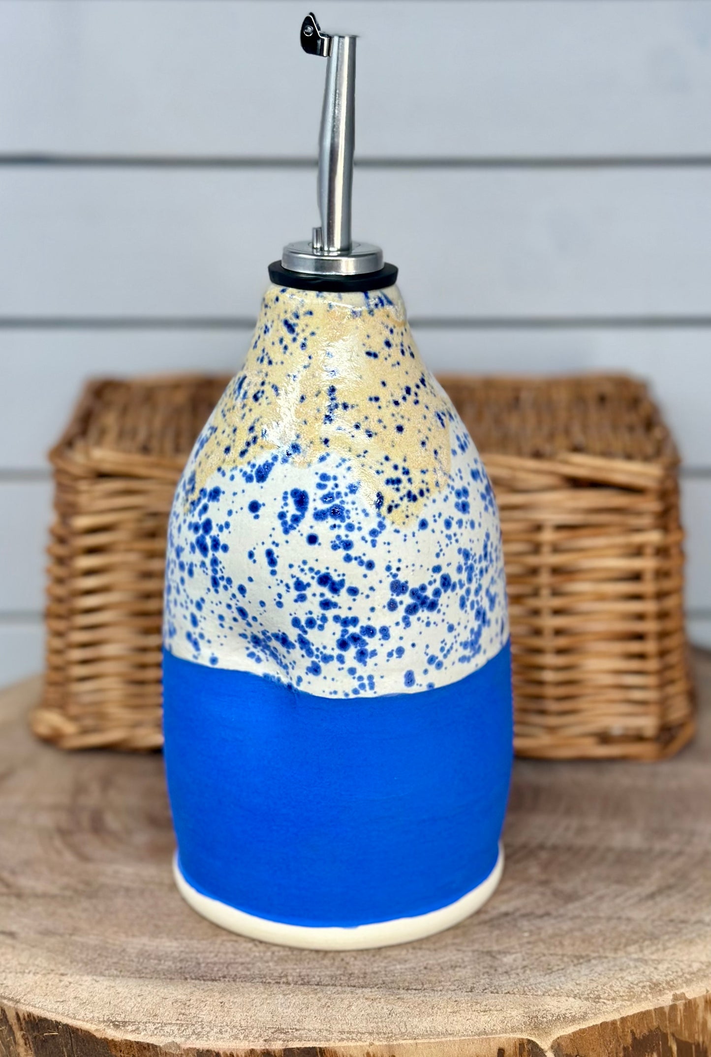 Ceramic Oil Bottle in Speckled Blue