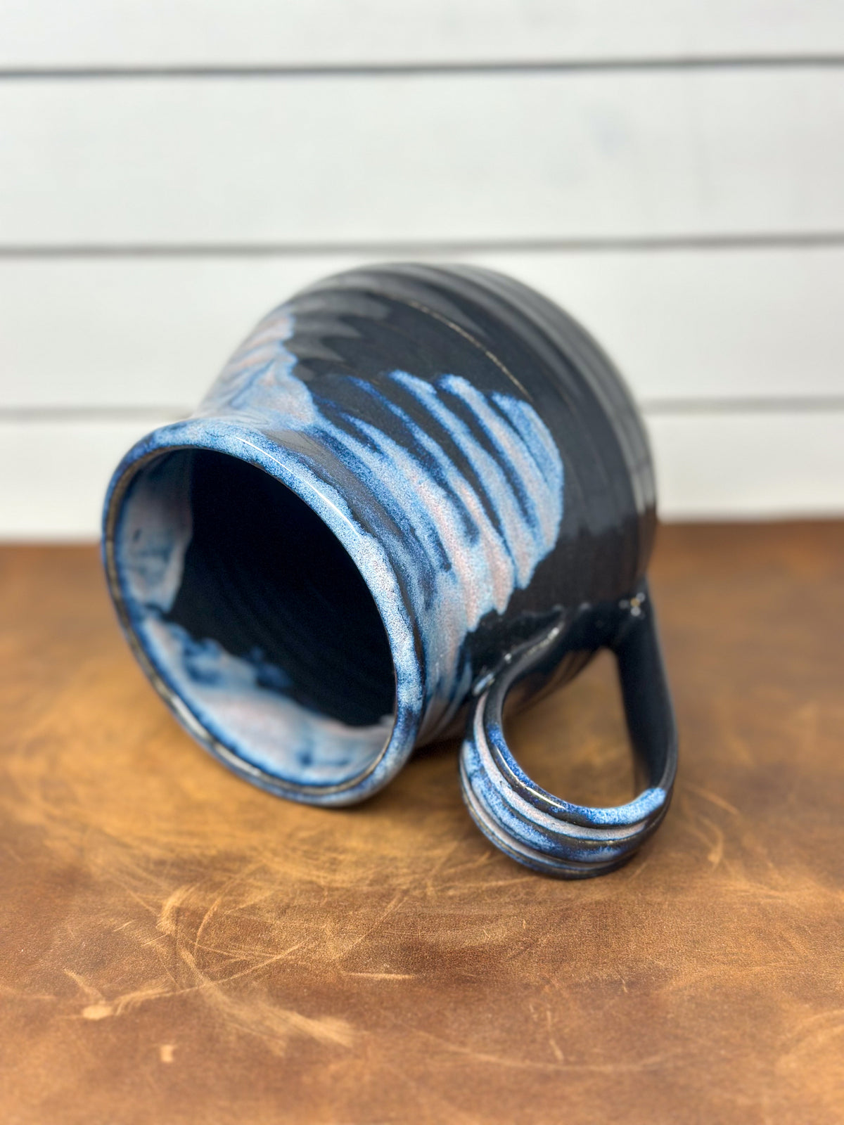 Blue and Black Ribbed Pottery Mug