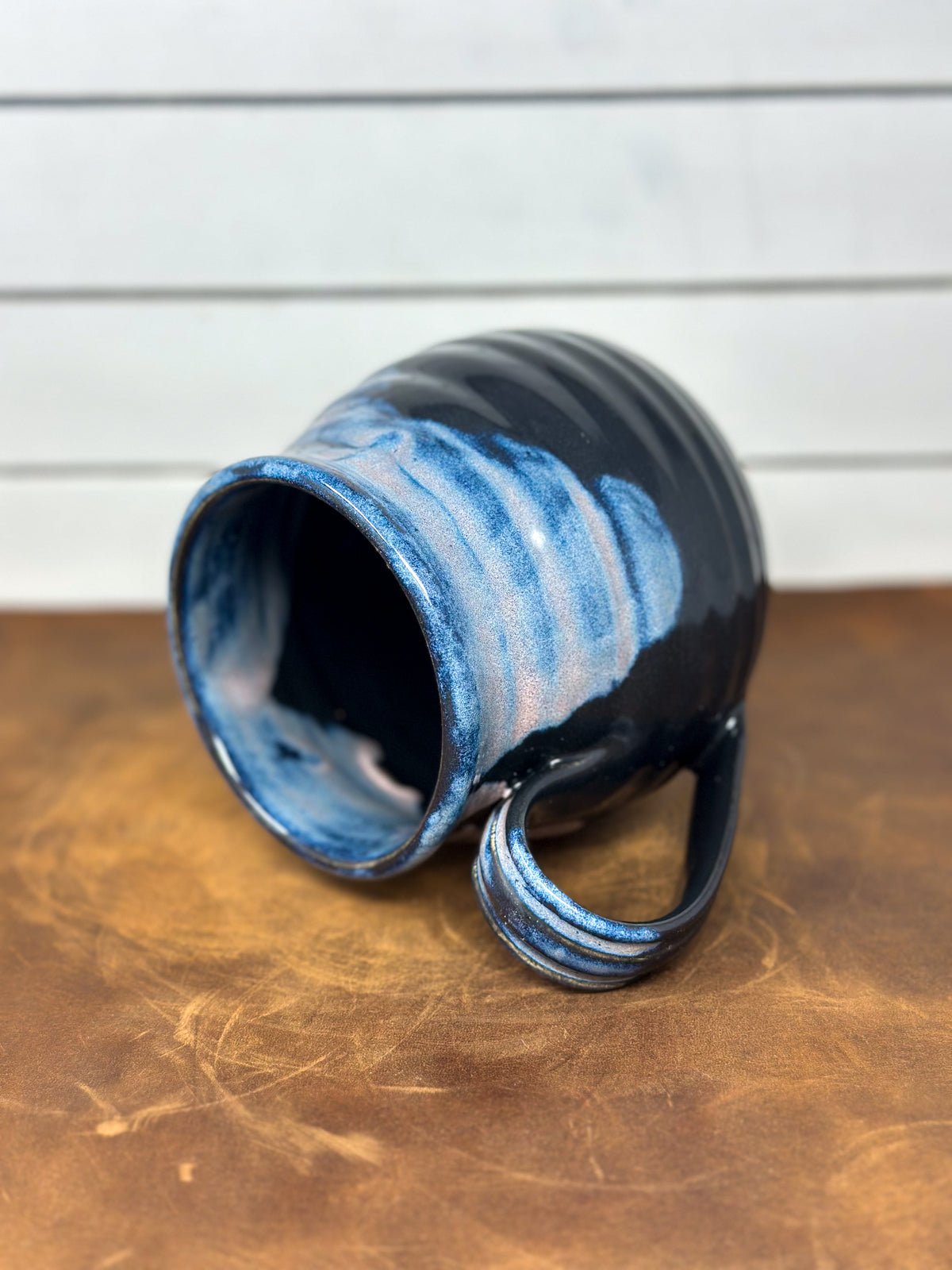 Blue and Black Ribbed Pottery Mug