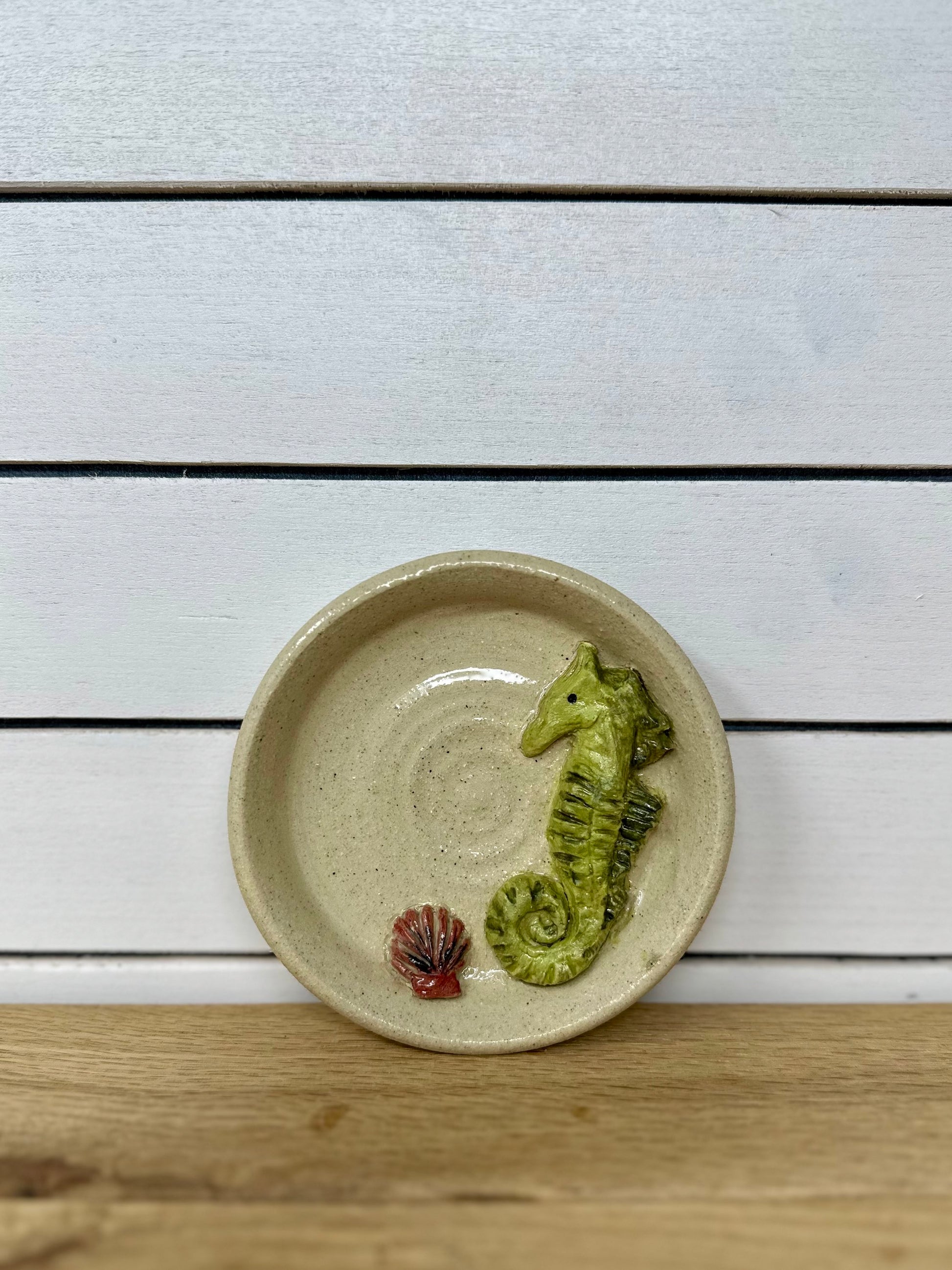 Round Ceramic Ring Dish - Hand Sculpted and Painted Sea Horse image 0