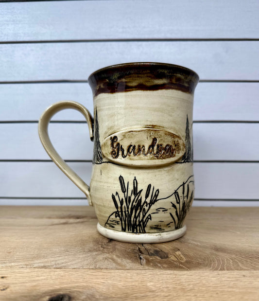 Ceramic Mug with Hand Carved Fishing Scene and Grandpa Logo image 0