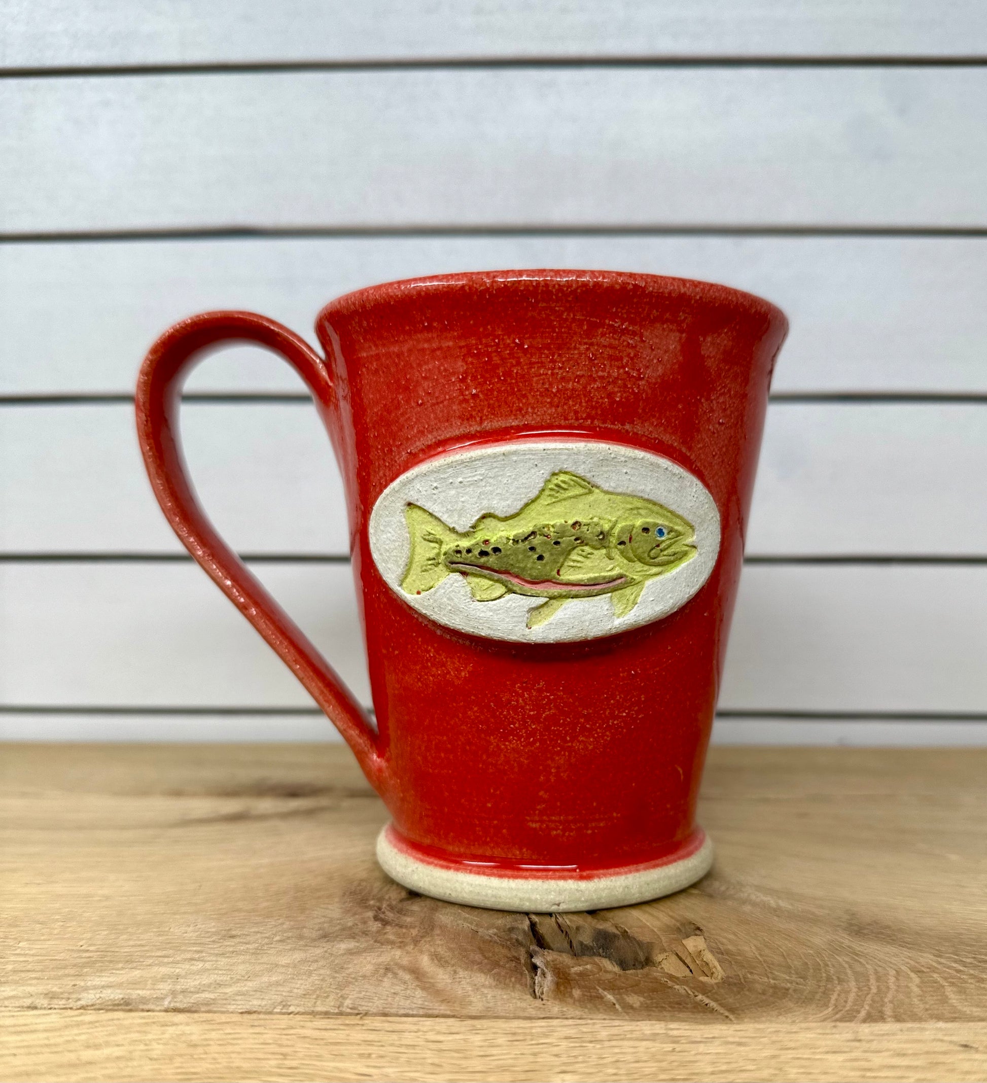 Ceramic Mug with Hand Painted Trout Logo - Brigh Red image 0