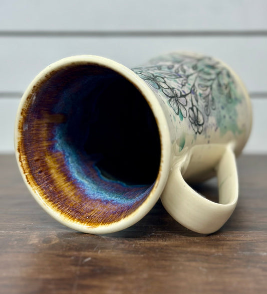 Floral Mug with Green & Purple Glaze