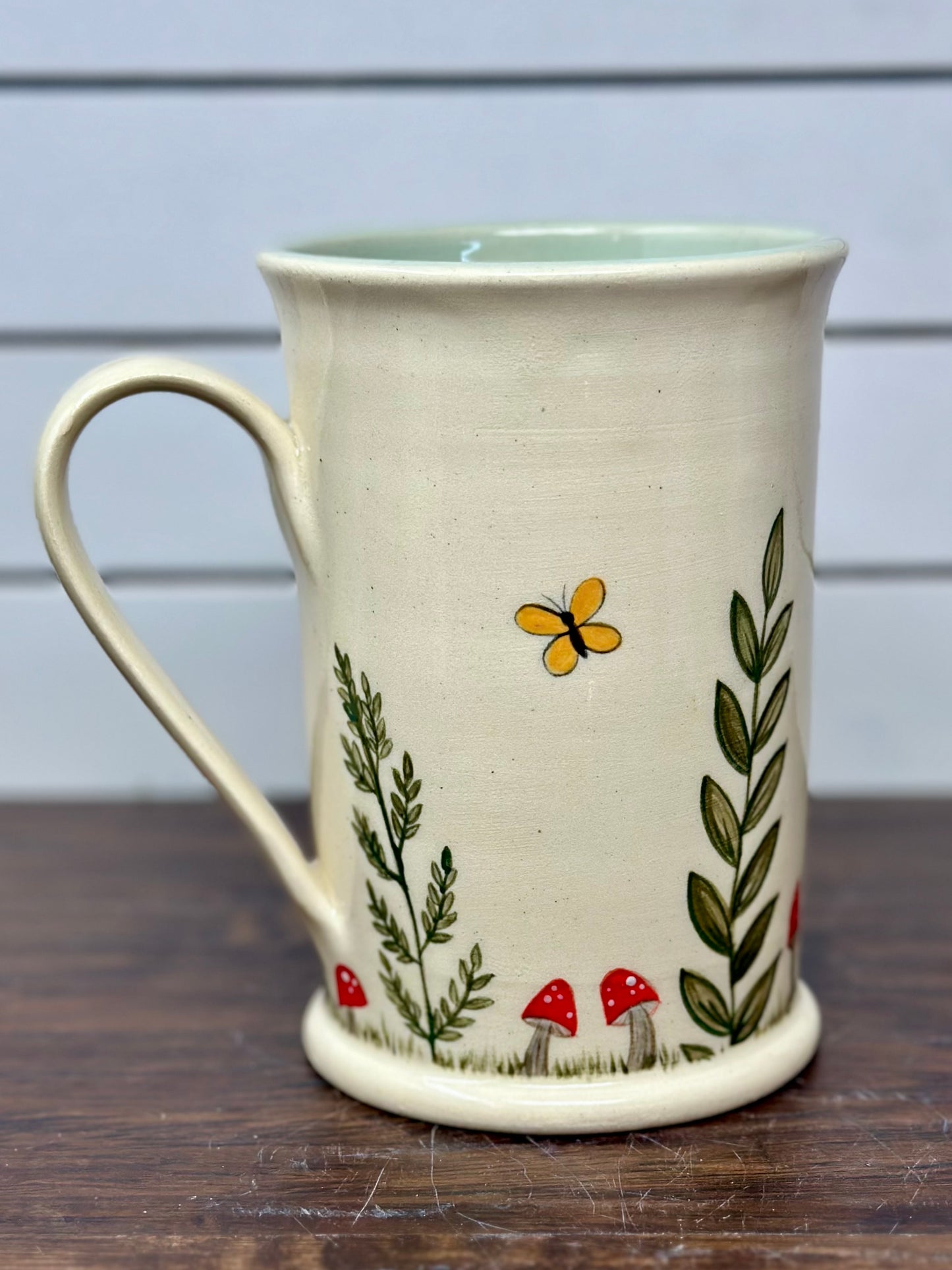 Handmade Botanical Mug with Butterflies and Mushrooms