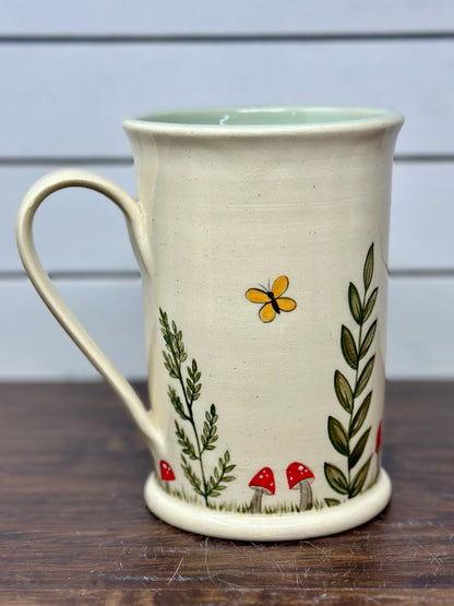 Handmade Botanical Mug with Butterflies and Mushrooms