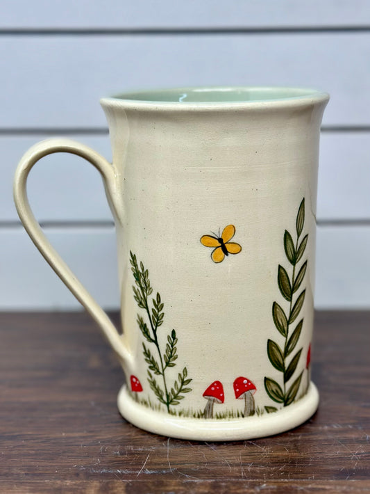Handmade Botanical Mug with Butterflies and Mushrooms