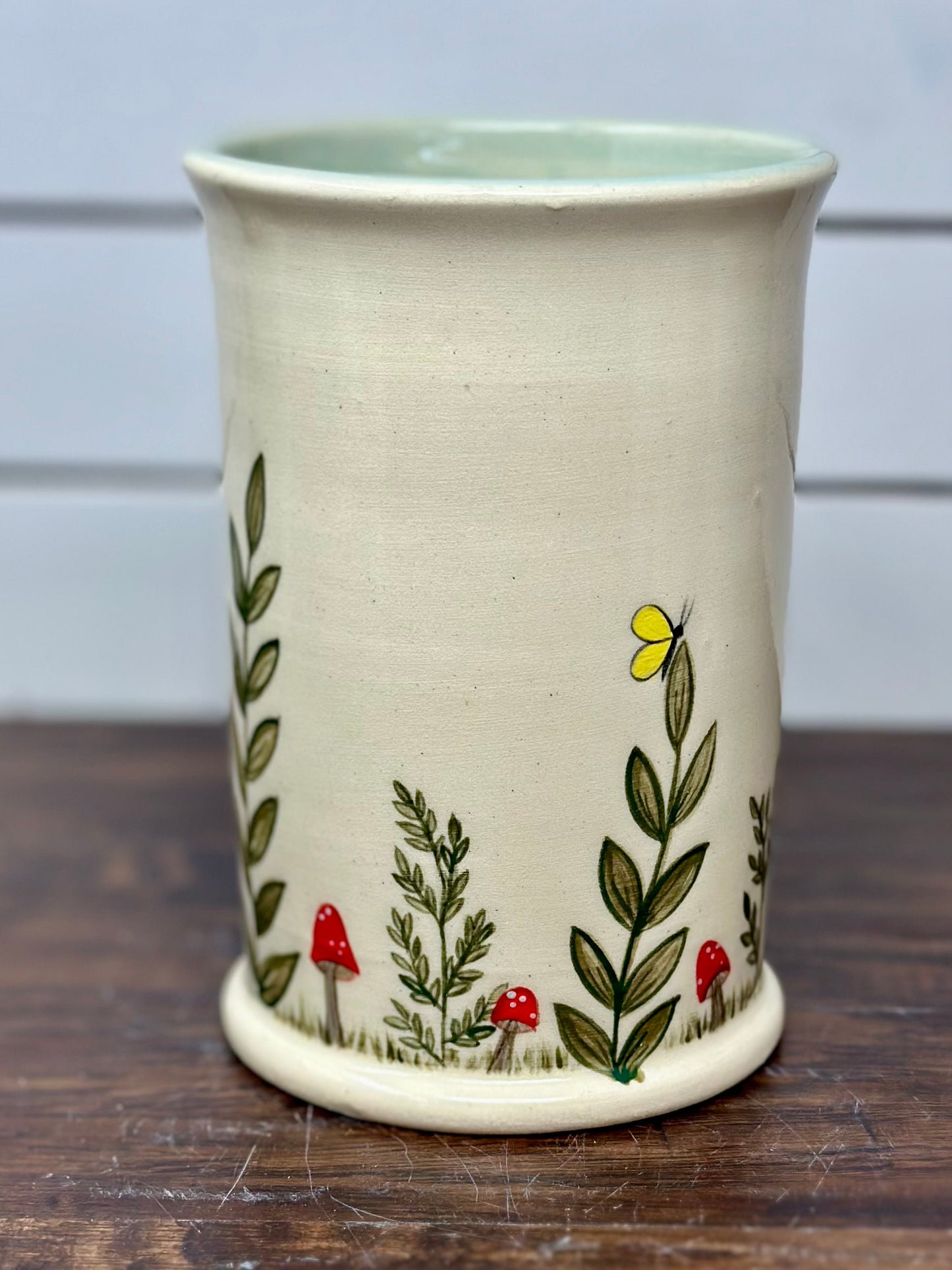 Handmade Botanical Mug with Butterflies and Mushrooms