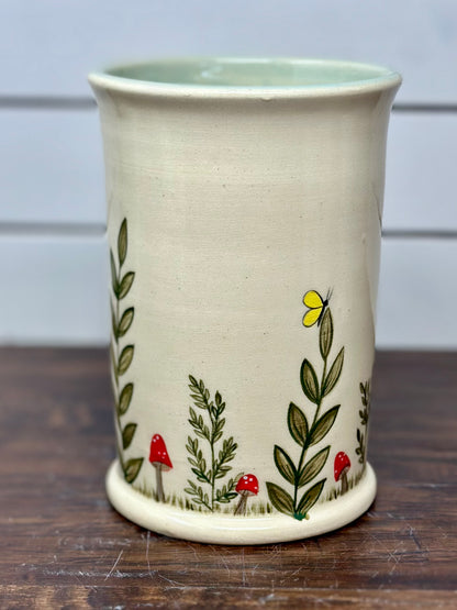 Handmade Botanical Mug with Butterflies and Mushrooms