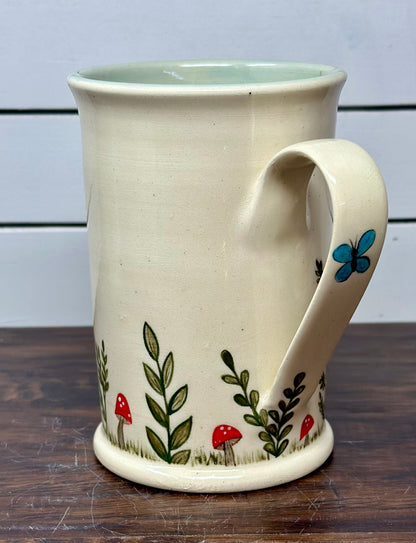Handmade Botanical Mug with Butterflies and Mushrooms