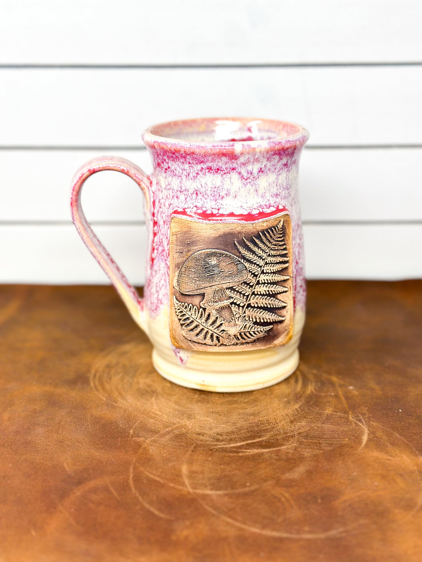 Mushroom & Fern Medallion Ceramic Mug - Raspberry Drip