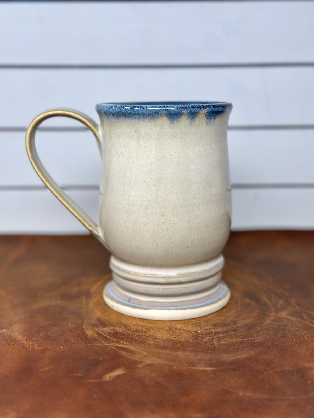 Tall Cream and Blue Drip Pedestal Mug