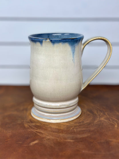 Tall Cream and Blue Drip Pedestal Mug