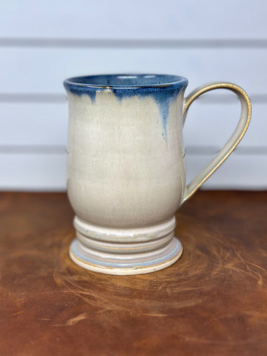 Tall Cream and Blue Drip Pedestal Mug