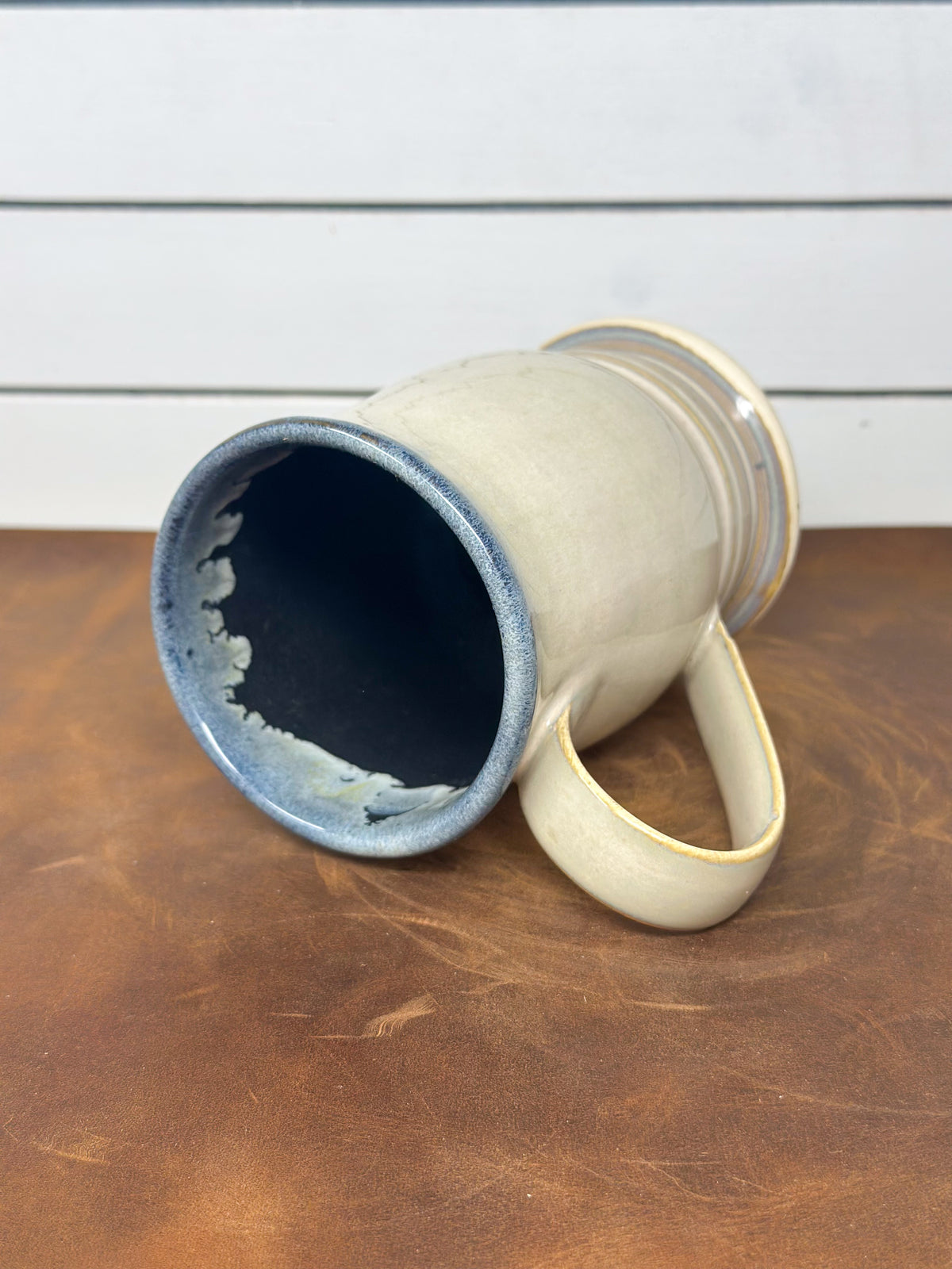 Tall Cream and Blue Drip Pedestal Mug