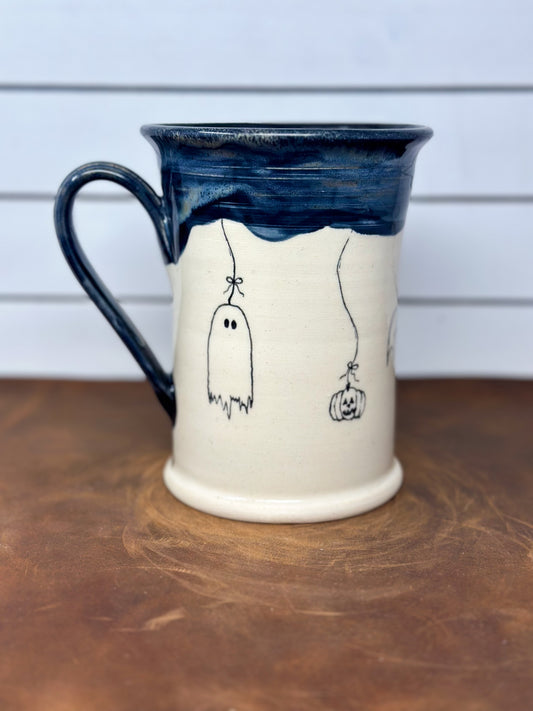 Hand-Painted Halloween Ghost, Pumpkin and Spider Mug