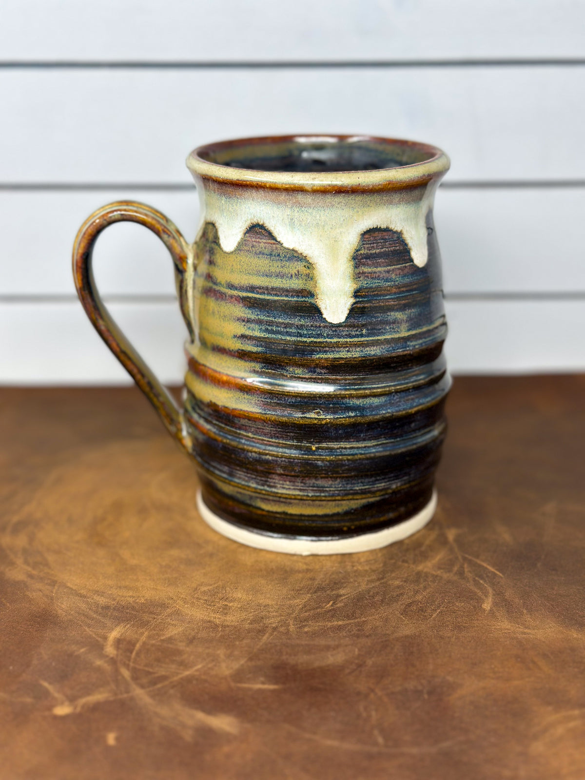 Brown and Cream Ribbed Pottery Mug