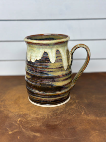 Brown and Cream Ribbed Pottery Mug
