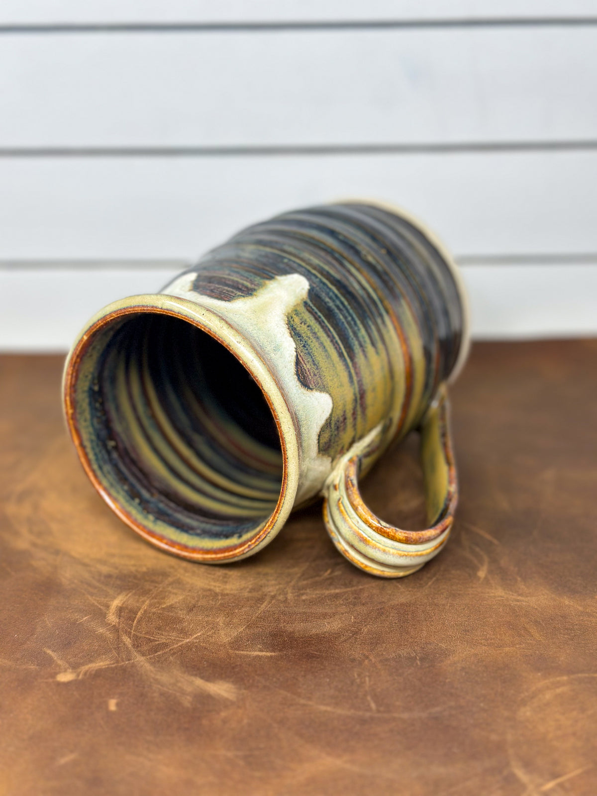 Brown and Cream Ribbed Pottery Mug