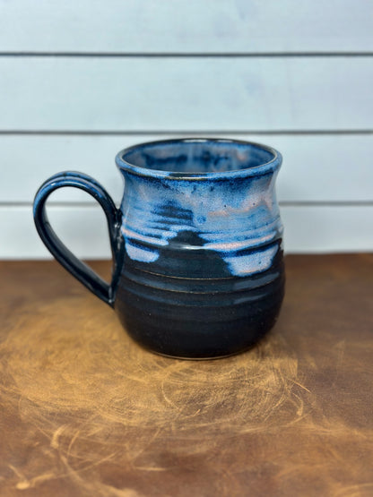 Blue and Black Ribbed Pottery Mug