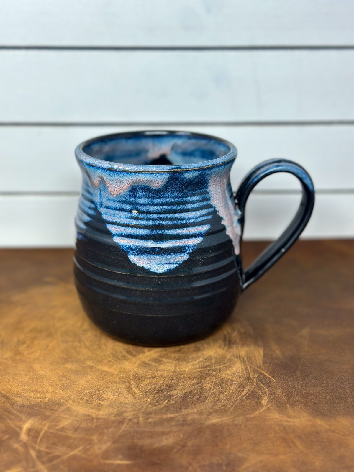 Blue and Black Ribbed Pottery Mug
