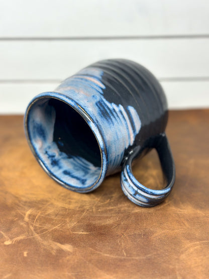 Blue and Black Ribbed Pottery Mug
