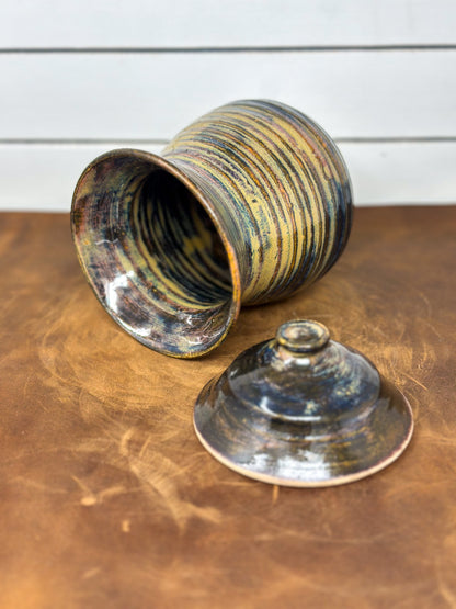 Brown and Golden Yellow Lidded Pottery Jar