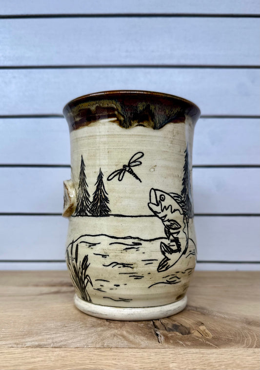 Ceramic Mug with Hand Carved Fishing Scene and Grandpa Logo image 1